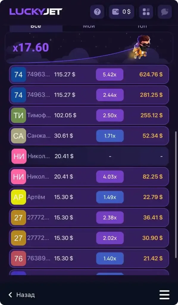 Интерфейс игры Lucky Jet, показывающий экран ожидания следующего раунда и список победителей