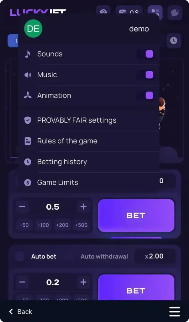 Lucky Jet game menu with settings options including Sounds, Music, Animation, Provably Fair settings, Rules of the game, Betting history, and Game limits