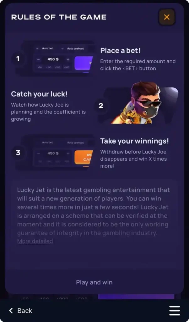Lucky Jet game rules screen detailing how to place bets, catch the jet's multiplier, and take winnings