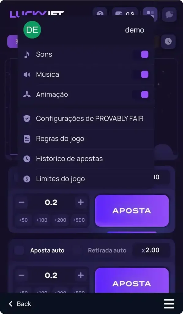 Menu com definições, regras, histórico de apostas e limites de jogo