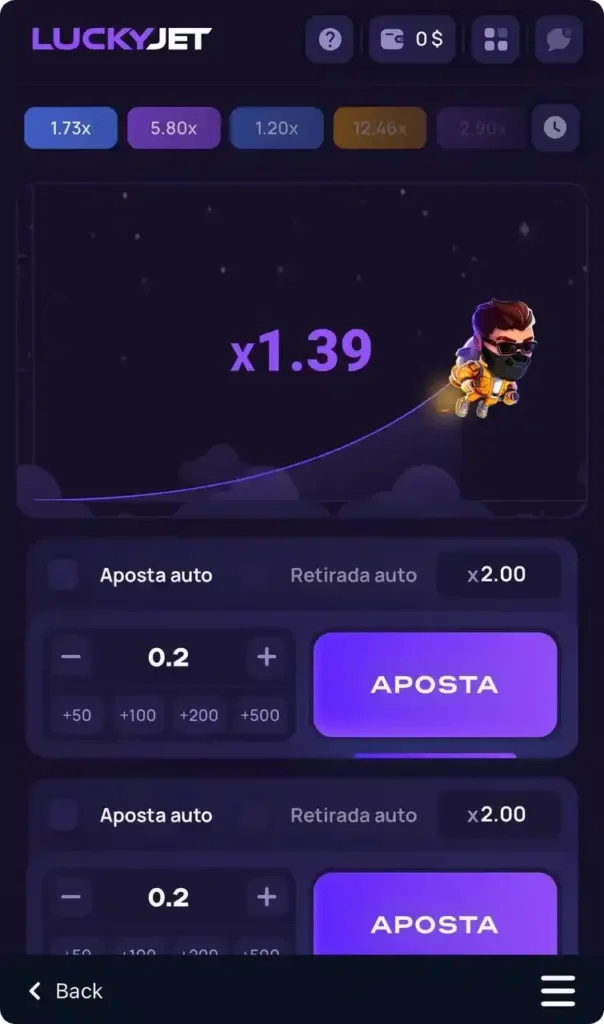 O jogo começou, o multiplicador de 1,19x está no ecrã