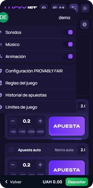 Menú con ajustes, reglas, historial de apuestas y límites de juego