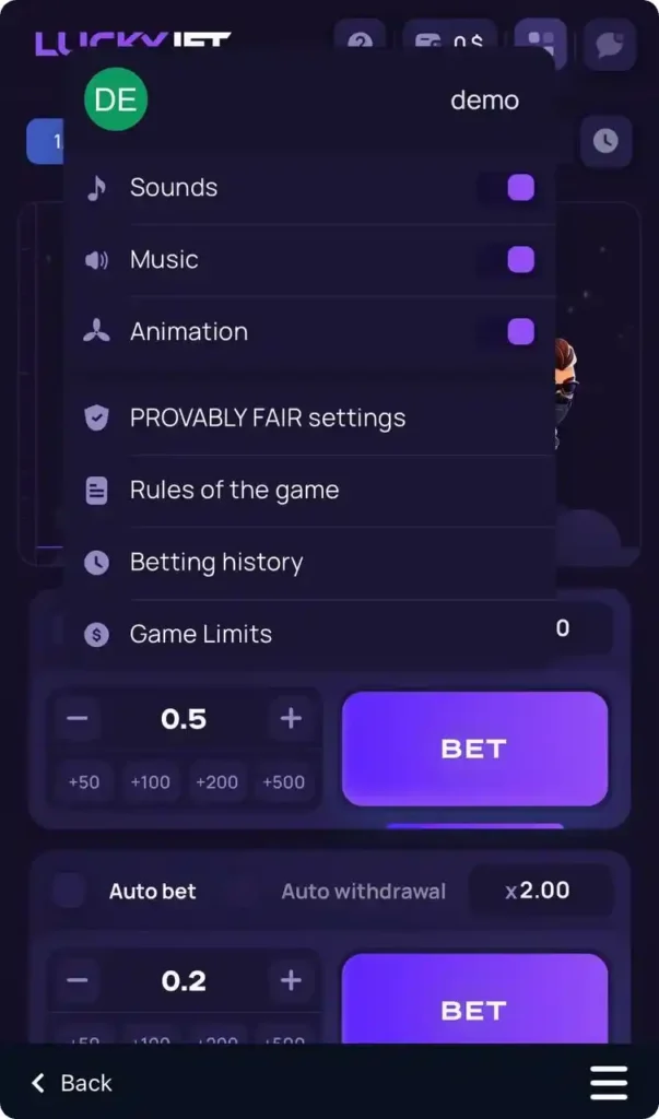 Menu with settings, rules, betting history and game limits