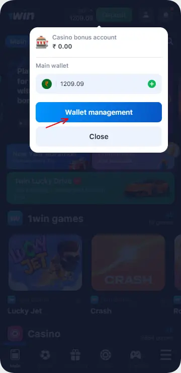 Lucky Jet wallet interface